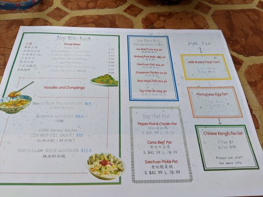 Joy Kitchen Menu